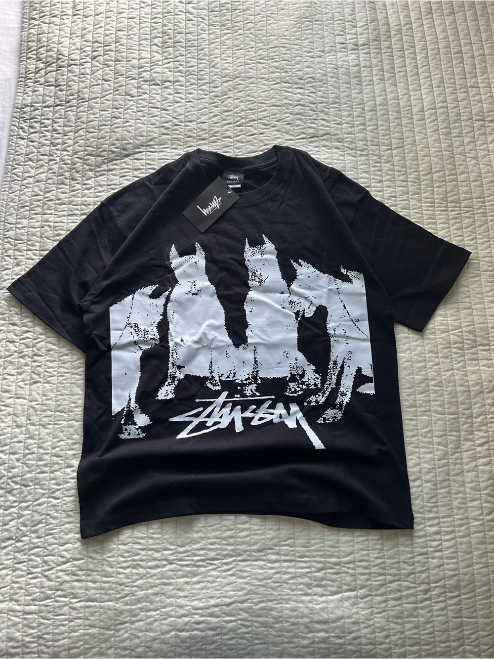 Stussy Black Tee with White Dog Graphic